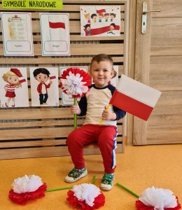 Chłopiec siedzi na krzesełku i trzyma w rączkach flagę polski i kwiat biało - czerwony. W tle widać powieszone symbole narodowe.