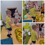 Chłopiec ubrany w żółtą koszulkę, tańczy wspólnie z dziećmi do ulubionych piosenek.