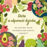Zdjęcie przedstawia grafikę z warzywami i napisem " Dieta a odporność dziecka".